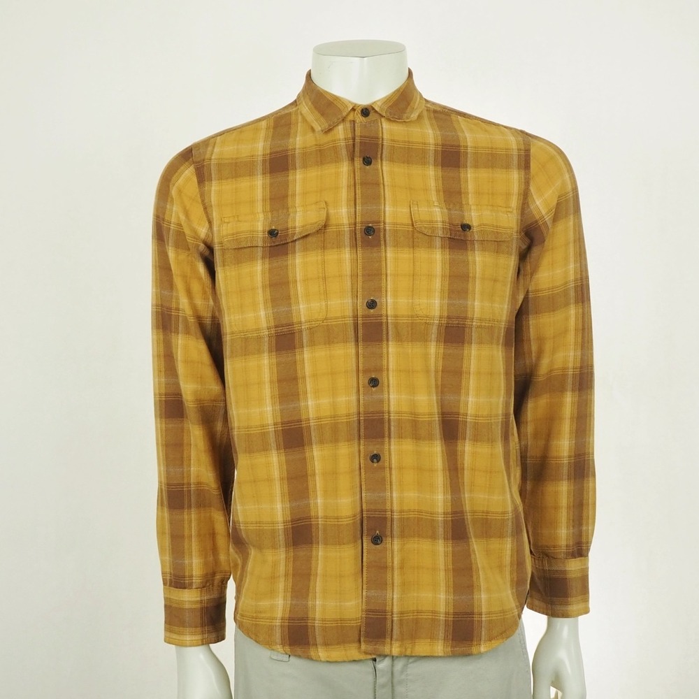 Prana Edgewater Button Down Shirt Mens Small Tan Brown Plaid Thin Flannel Blend